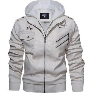 🆕 Hood Crew PU Faux Leather Zipper Jacket Men White Stand Collar Bomber Hood